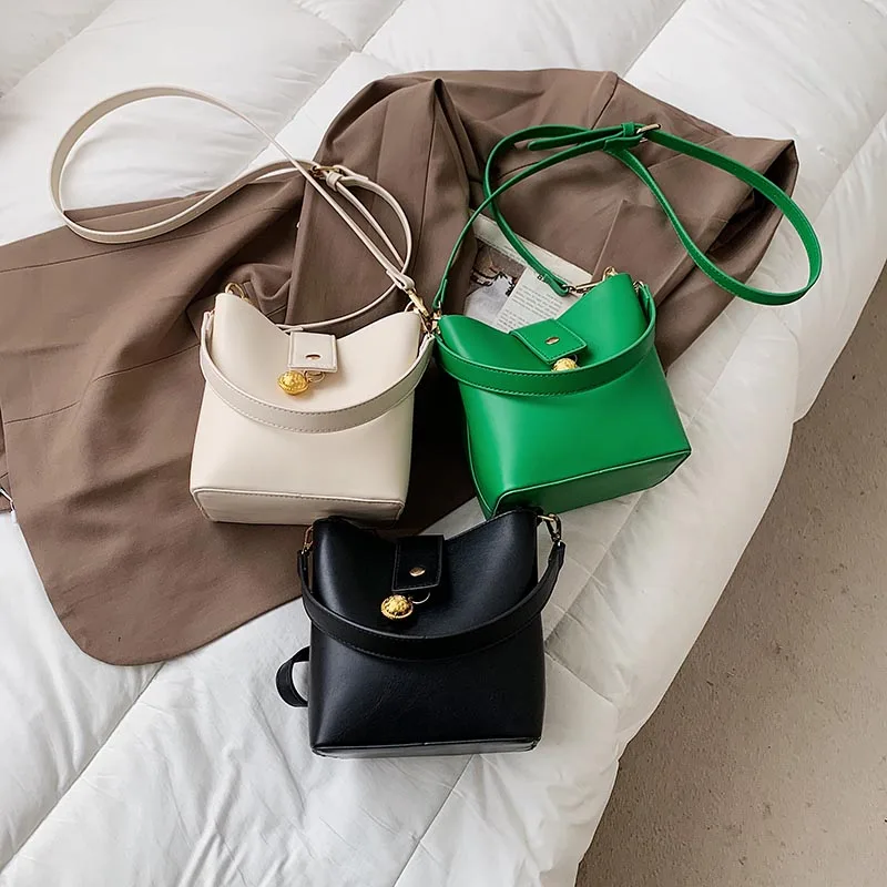

Green Mini PU Leather Bucket Crossbody Bags with short handles for Women 2021 Fashion Branded Trendy Luxury Shoulder Handbags