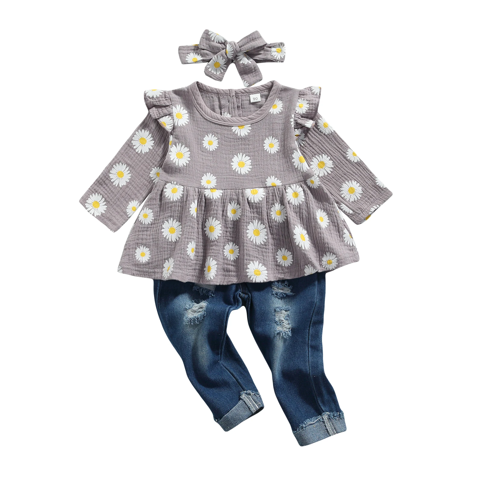 

Pudcoco 1-5T 3Pcs Toddler Kids Baby Girls Floral Print Daisy Ruffles Print T-Shirt Tops+Ripped Jeans Pants+Headwear Clothes Sets
