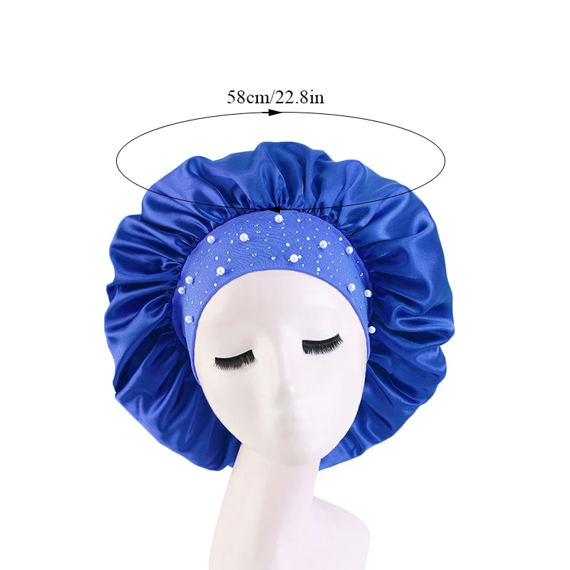 

Women's Popular Hair Care Cap Imitation Silk Night Cap Elastic Wide-brimmed Night Cap Satin Pearl Gypsophila Round Cap