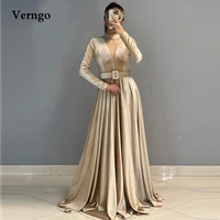 verngo 2022 new simple champagne velvet evening dresses long sleeves high neck belt floor length prom gown women formal dress
