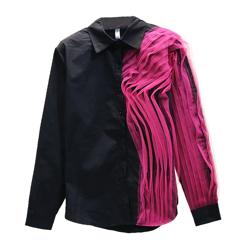 

Side Black Shirt Ladies Tops Blouses Blusas Mujer De Moda 2021 Spring Clothing Women's Fold-down Collar Contrast Color Pleated