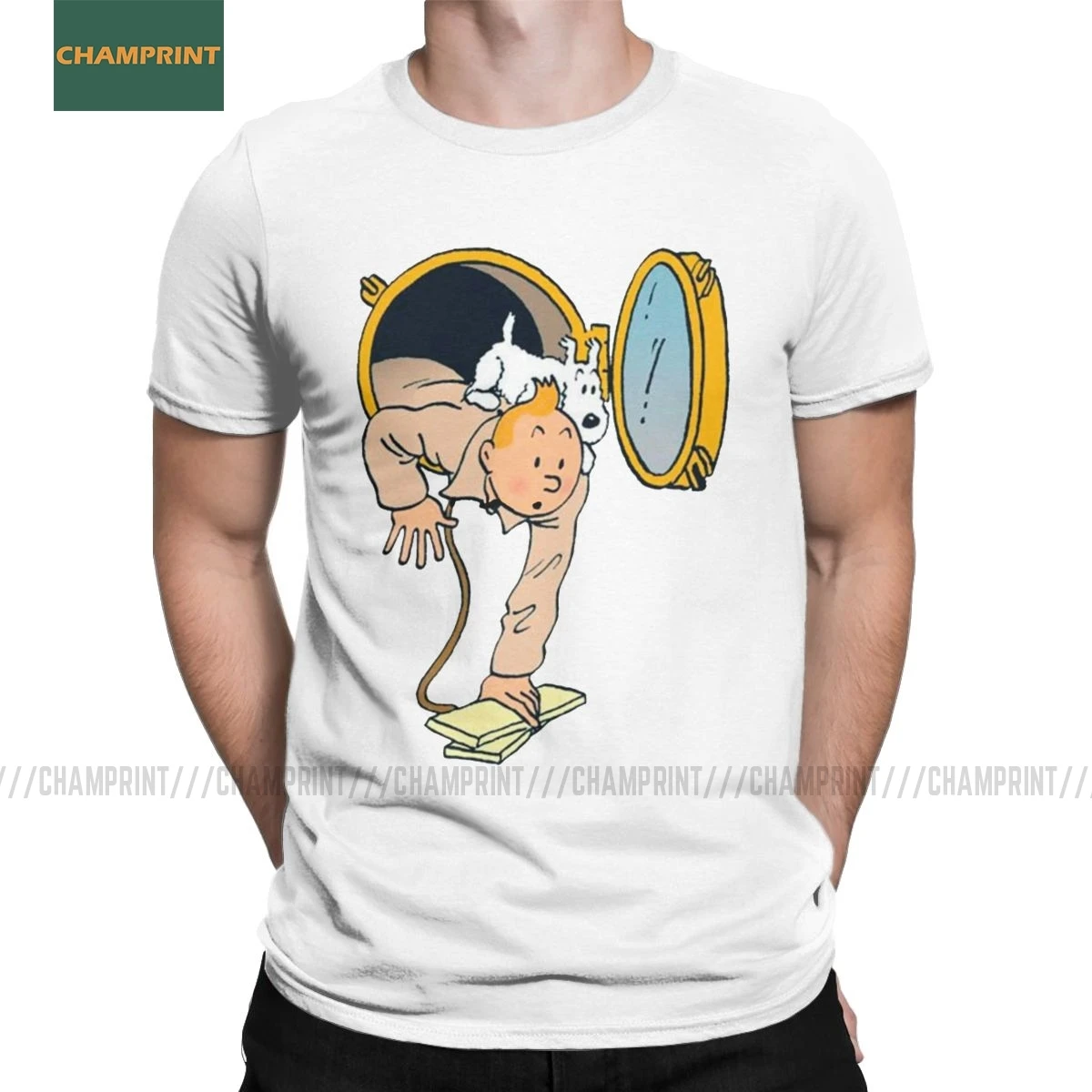 Винтаж в Приключения Тинтина снежные футболка Для мужчин натуральный хлопок