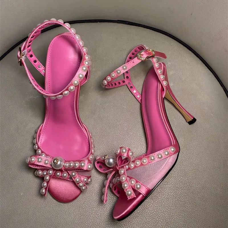 

2020 Summer Fashion women's Bowtie pearls high heeled sandals Chic women dress shoes EU35-42 size BY821
