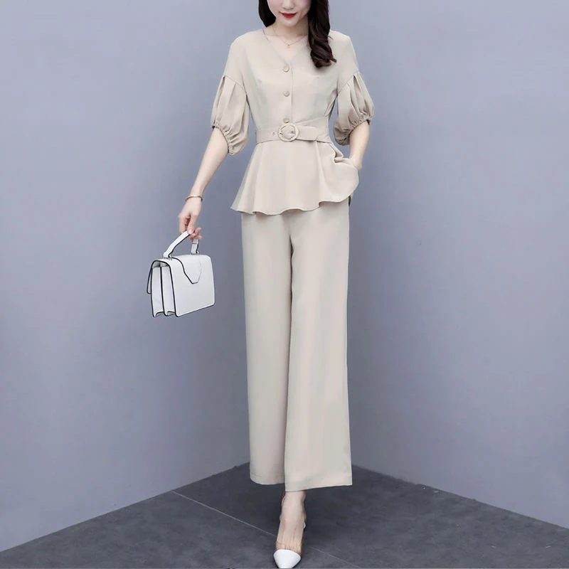 Women Suit New Summer Two-Piece Outfits Slinky Female Lady Blouse V-Neck Black Pink Ivory Casual Office Wide-Leg Pants DURIKIES