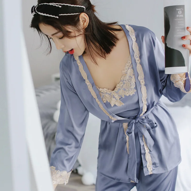 Женские шелковые пижамные комплекты Женская Сексуальная кружевная атласная