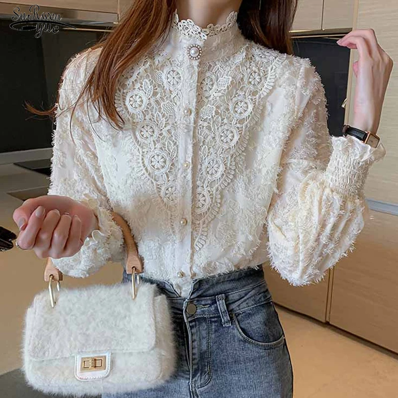 

Autumn Stand Collar Tassel Stitching Lace Blouse Hollow Out Flower Women's Shirt New Loose Women's Long Sleeve Top Blusas 16556