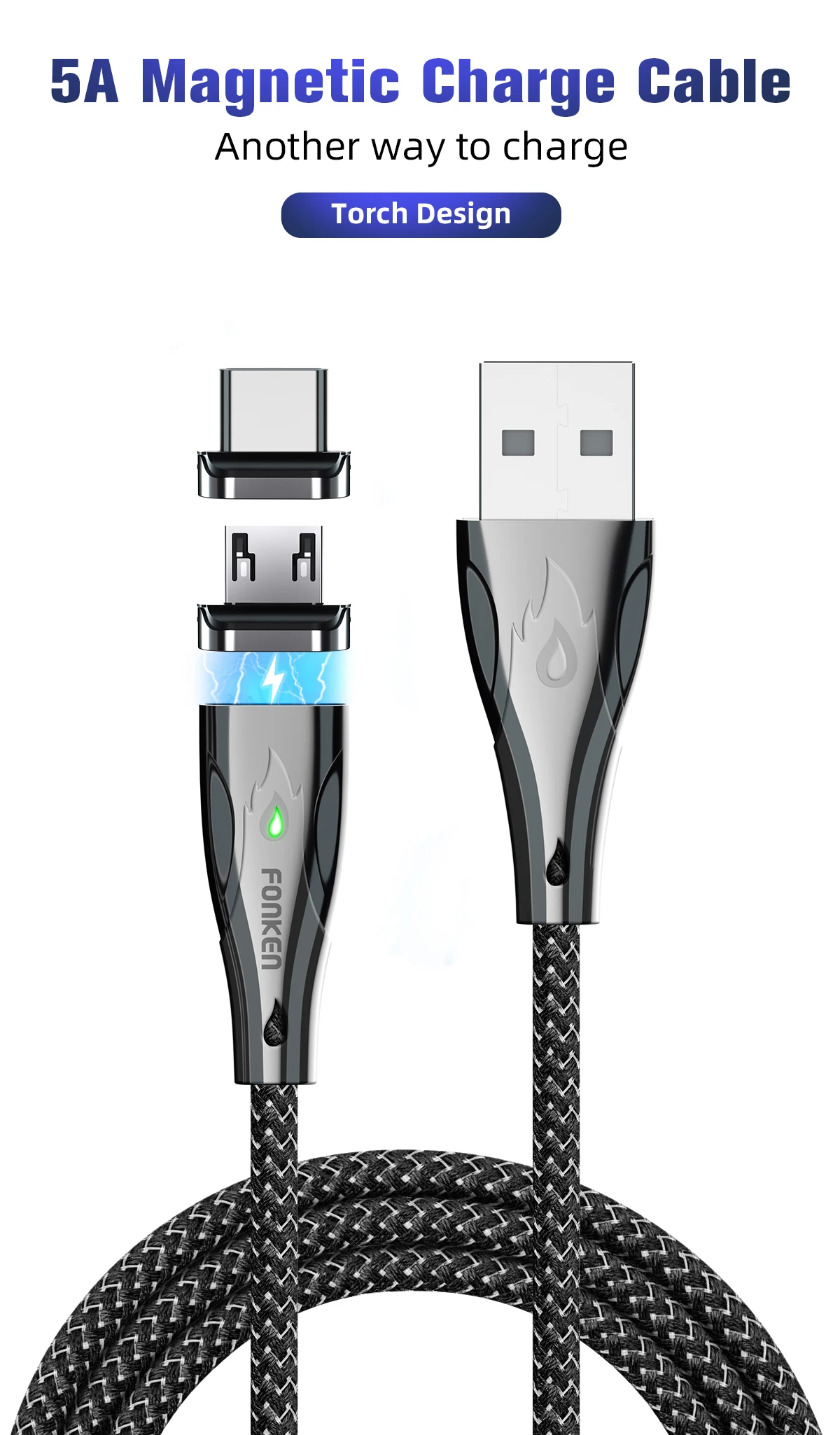 FONKEN Тип C Магнитный кабель Магнит Micro USB телефонный кабель из цинкового сплава, цинковый сплав 5A Быстрая зарядка для телефона шнур 1m 2m Тип-C кабель данных