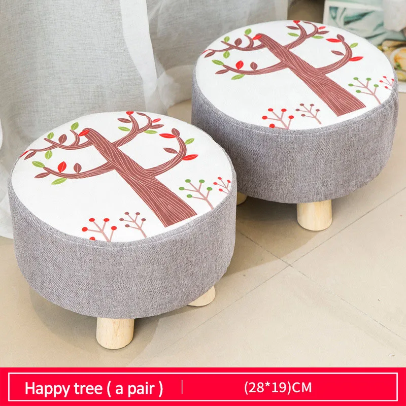 Happy tree (pair) Тканевый круглый табурет, деревянный стул, Мягкая табуретка для ног, модный домашний диван-стул, пара, мультяшная маленькая скамейка, мебель, 4 ножки - Цвет: Happy tree (pair)