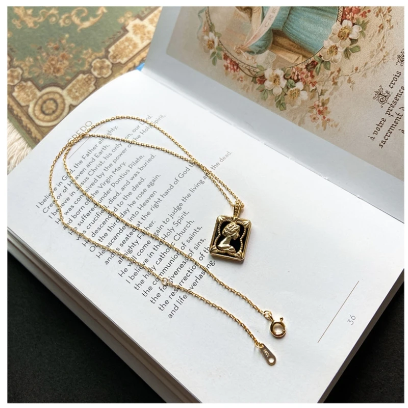 

Fashion Retro Sterling Silver 925 Charms Beauty Lady Avatar black agate Necklace Pendant For Women Jewelry Collares Bijoux