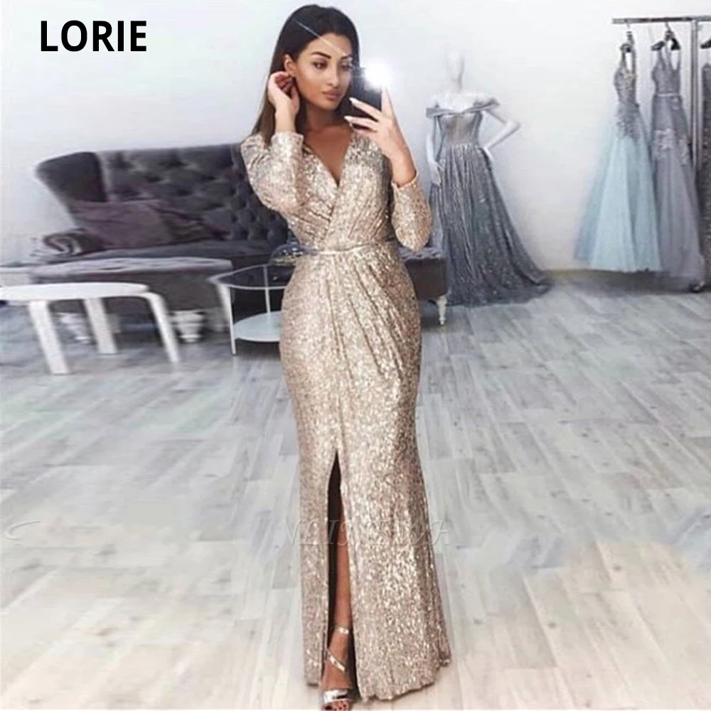 LORIE Vestidos de Noche elegantes de manga larga, vestidos formales de princesa champán para fiesta de graduación, cuello en V, vestido de invitados de boda con abertura lateral, 2020 (0)