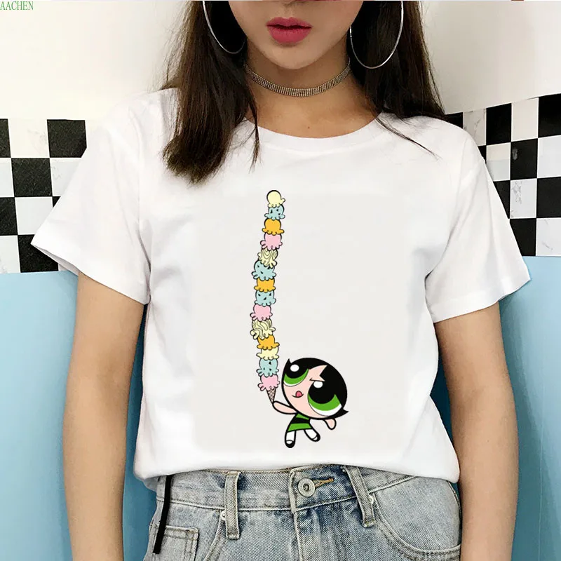 2020 новые летние Kawaii белые топы Powerpuff футболка для девочек Harajuku забавные