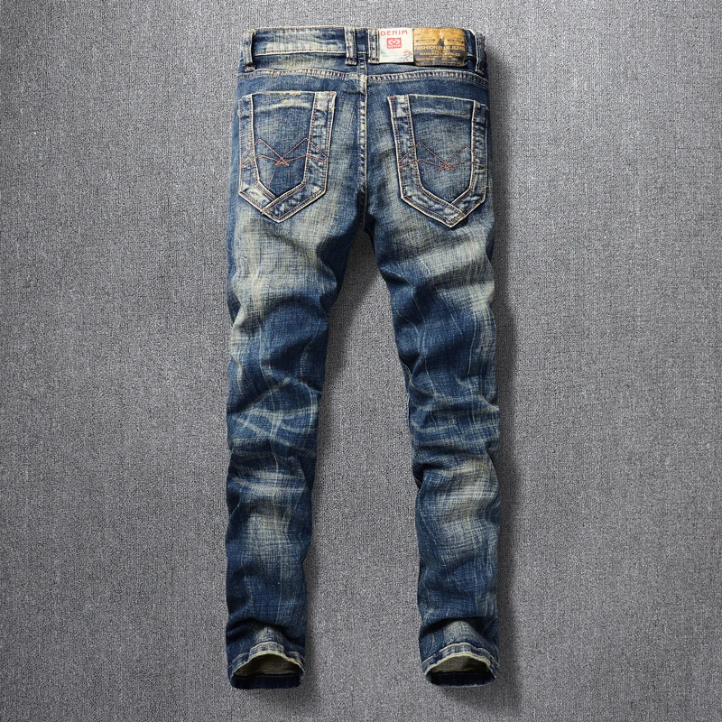 European Vintage Fashion Men Jeans Elastic Slim Fit Destroyed Ripped Jeans Men Retro Blue Embroidery Designer Cotton Denim Pants