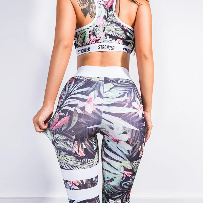 

Female 2 Pieces Sport Suit Women Fitness Clothing Sport High Waist Leggings Running Gym Sports Trouser Suit Printed Yoga Set