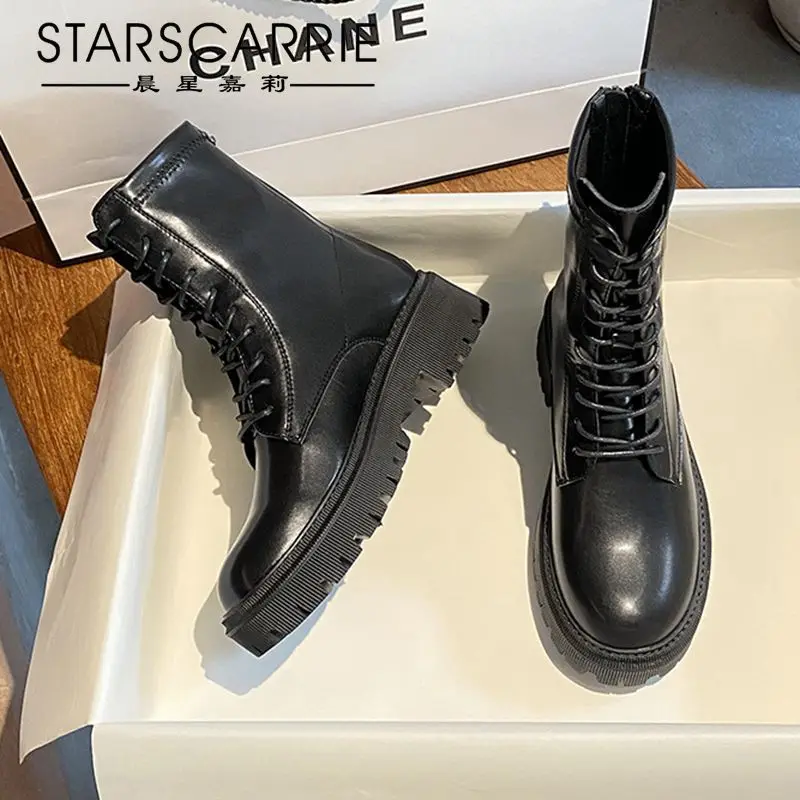 

Flat elastic riding boots women 2021 new autumn and winter lace up British style cowhide back zipper mid-tube women's boots