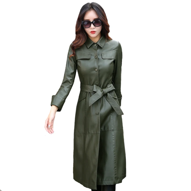 

Fashion X-Long Women's Leather Jacket With Belt Single Breasted Autumn Pu Leather Coat Female Black Trench Coat