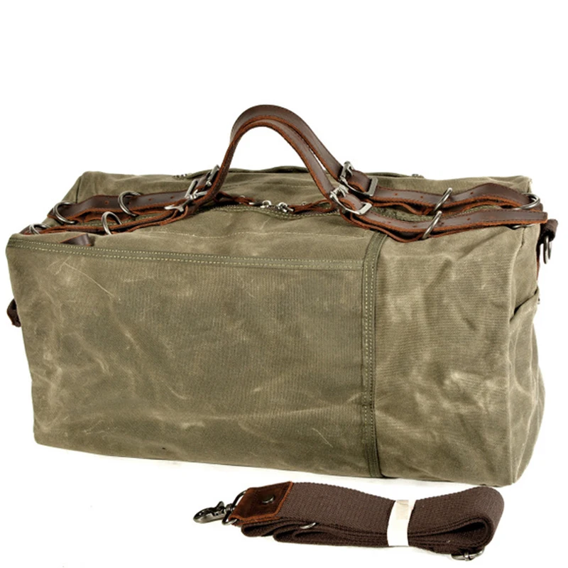 Vintage Men's Canvas leather Travel Duffel Bag waterproof Casual Shoulder Weekend Bag