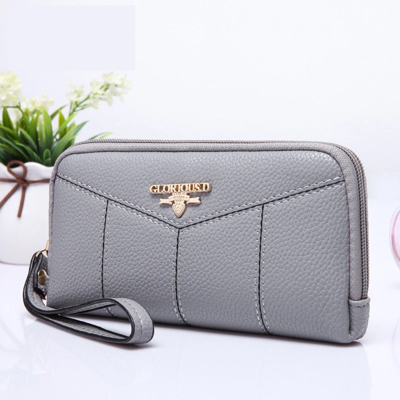 

Women's Wallet Lychee Pattern Solid Color Zipper Long Clutch Bag Female Wristband Leather Coin Purses Metal Letters Card Holder