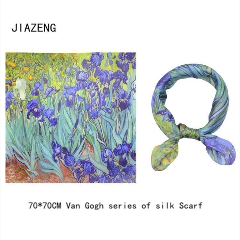 70cm*70cm Women Vincent Van Gogh Oil Painting Printed Silk Scarf  Women shawls Girl  Wraps Hair Tie  bandana