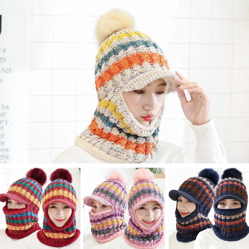 

Women Winter Knit Balaclava Beanie Hat with Visor Brim Colorful Striped Pompom Ski Face Mask Plush Lined Neck Warmer