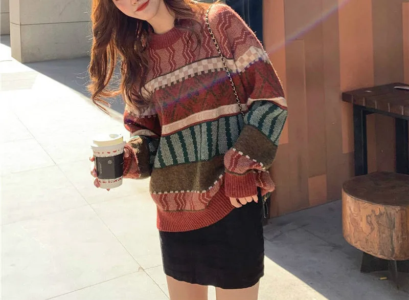 

O Neck Women Sweater 2020 New Vintage Loose Casual Knitted Pullovers Korean Vintage Soft Lady Winter Fashion Sweater
