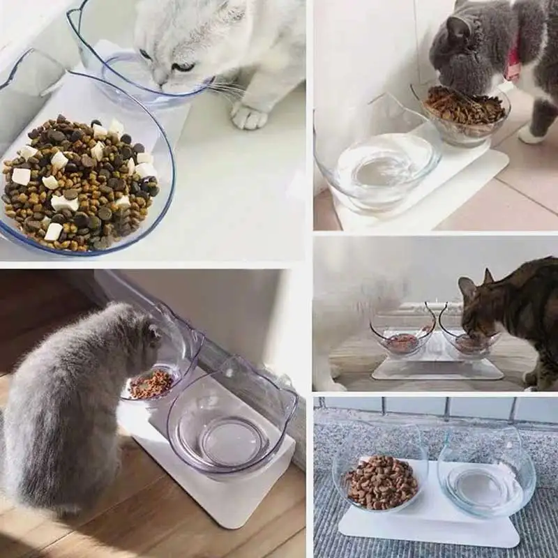 

1/2 pcs cat ears tilted transparent pet bowl neck protection food feeder detachable pet supplies feeding tray Sturdy base