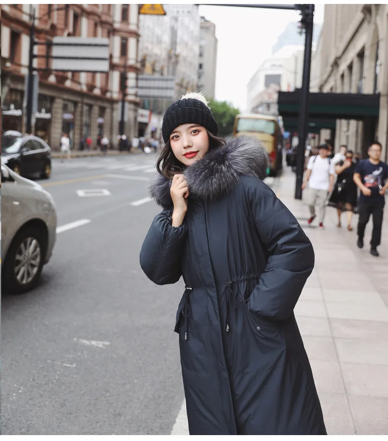 

Women Double Sided Down Long Jacket Winter Hooded White Duck Down Coat Warm Parkas Snow Outwear real raccoon fur collar coats