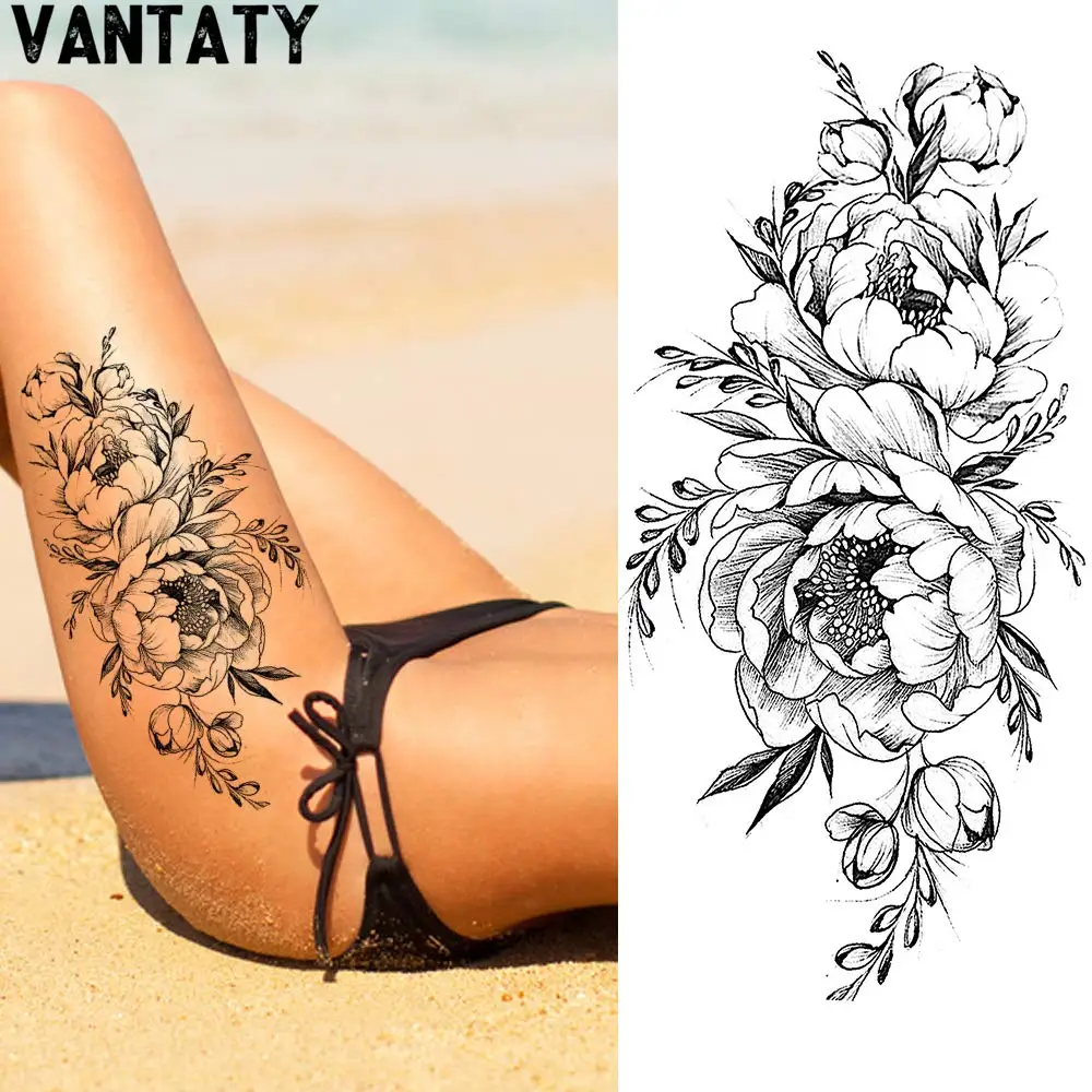 3D Black Flower Rose Temporary Tattoos For Women Waterproof Fake Body Art Arm Sketch Tattoo Stickers For Girls Decorative Tattoo