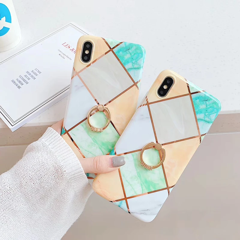 Fashion Geometric Marble+Ring bracket Phone Case For iPhone 11 pro max XR XS MAX 7 8 6 6s Plus X Electroplated Soft Cover cases |