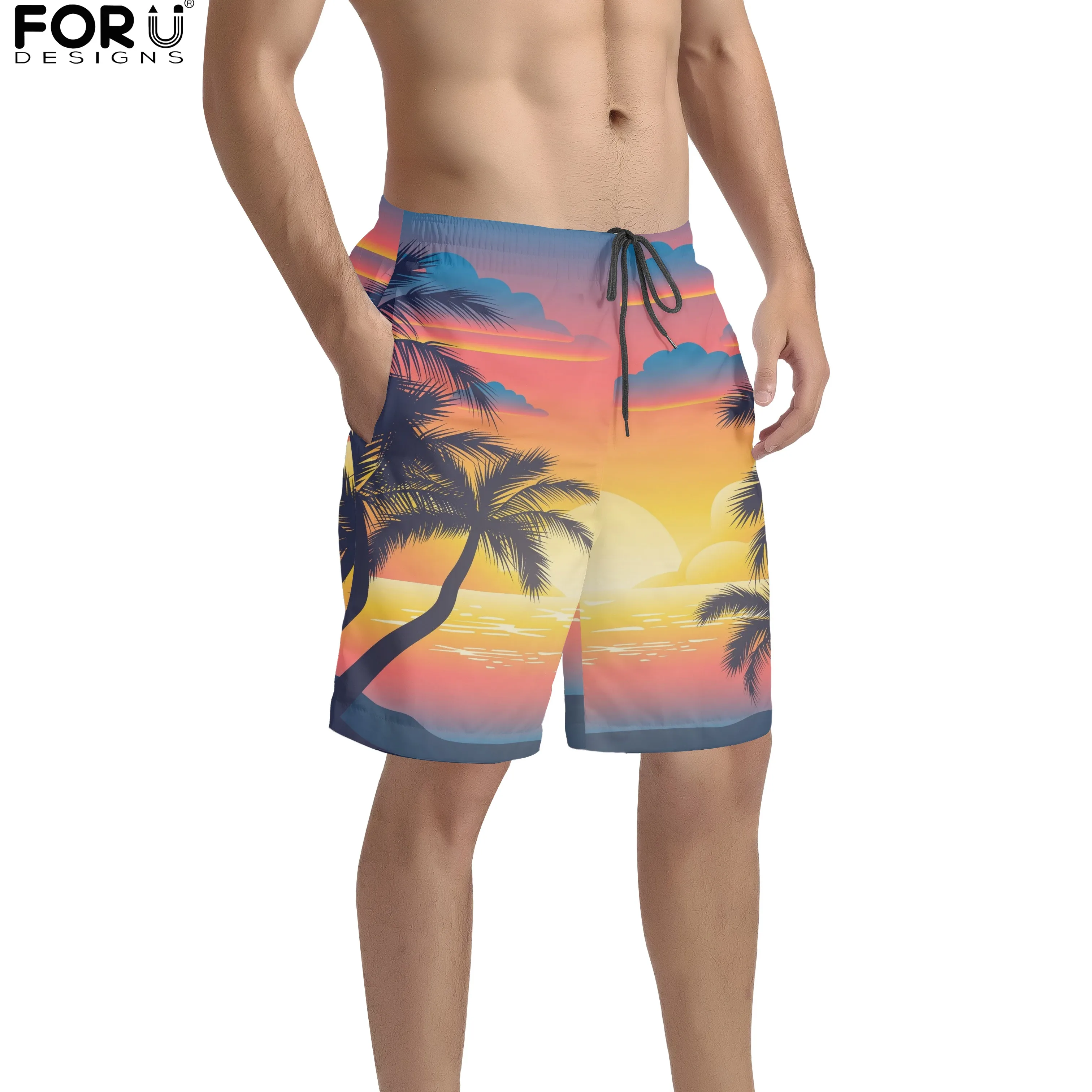 

FORUDESIGNS Hawaii Beach Sunset Print Men's Loose Hawaiian Board Shorts Large Size Fast Dry Swimwear Beach Wear Briefs Bermuda