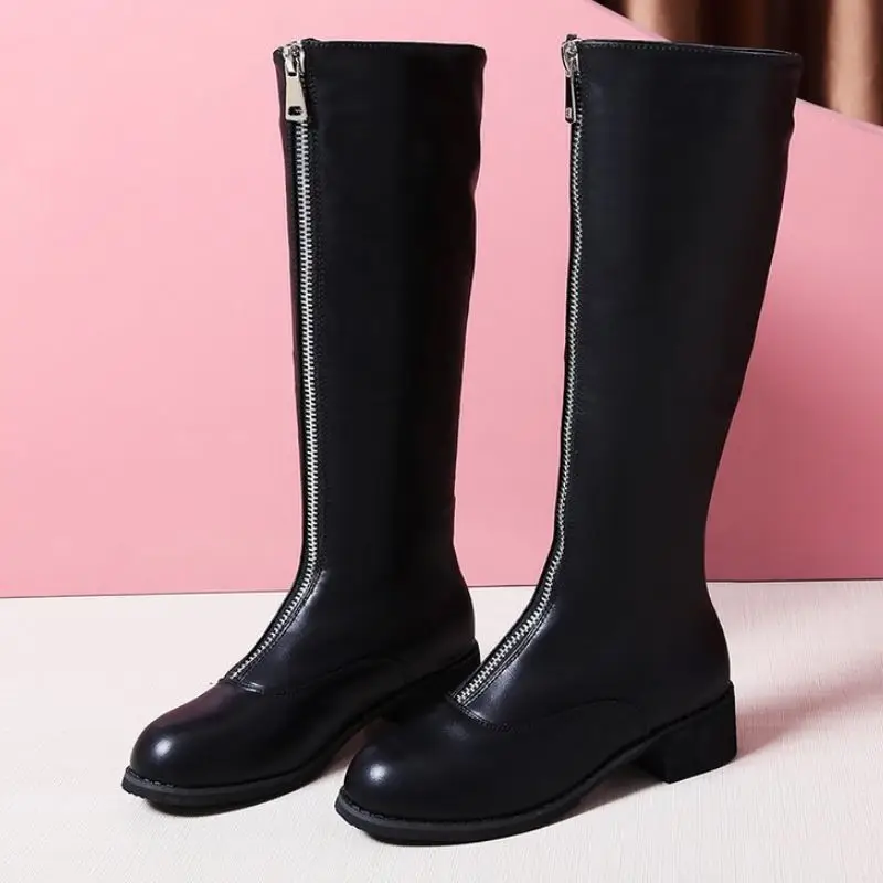 RIZABINA/Сапоги до колена женские мотоботы на молнии с круглым носком толстом