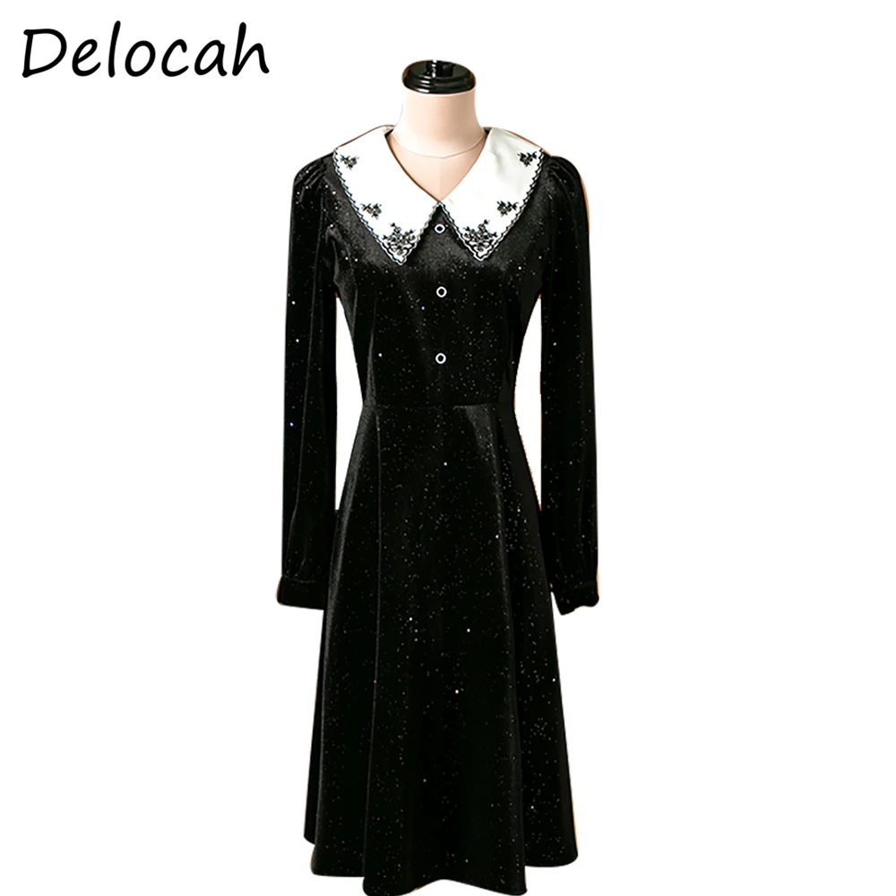 

Delocah Summer Women Fashion RunwayParty Midi Dress Long Sleeve Embroidery Elegant Bodycon Printed Velvet Ladies A-Line Dresses