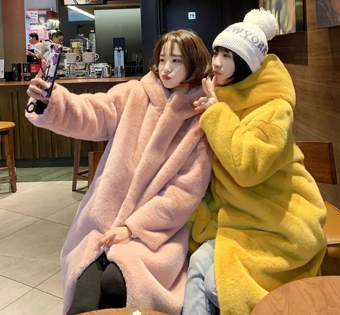 Женская шуба из меха кролика Длинная зимняя искусственного норки Толстая Шуба