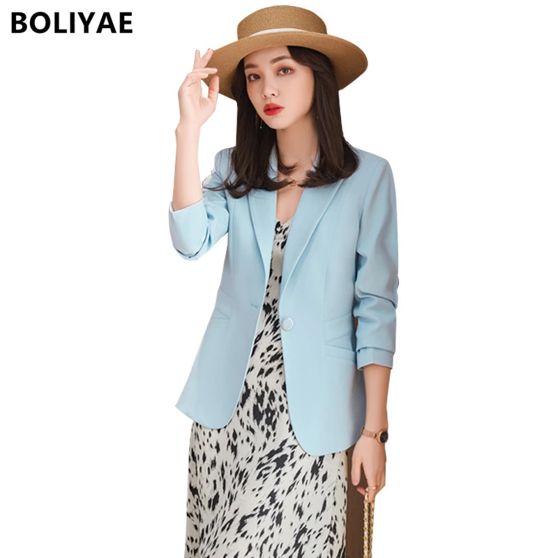 Женские костюмы Boliyae, пальто, весна-осень, модные элегантные блейзеры, женская верхняя одежда с длинным рукавом, цвет голубой, шикарные топы