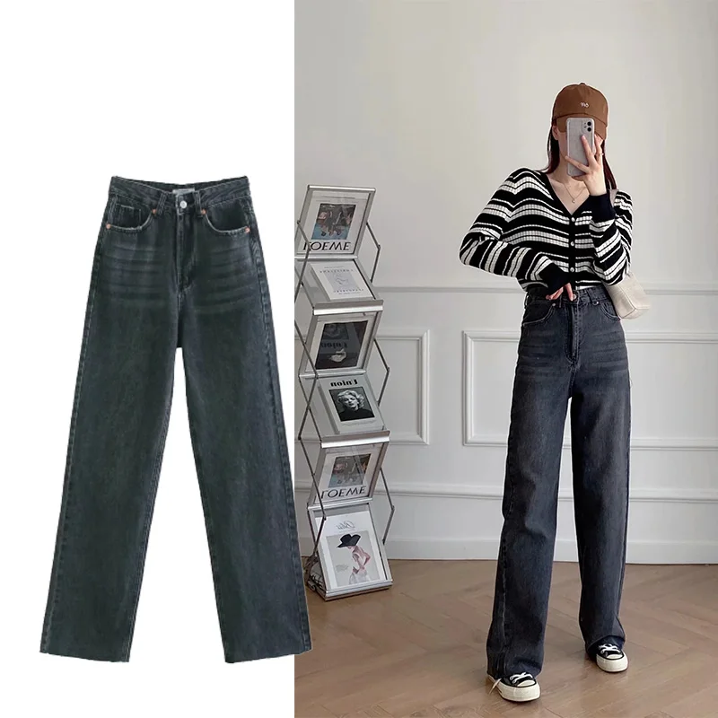 

Джинсы Za женские с широкими штанинами, шикарные модные свободные винтажные повседневные штаны на молнии с завышенной талией, 2021