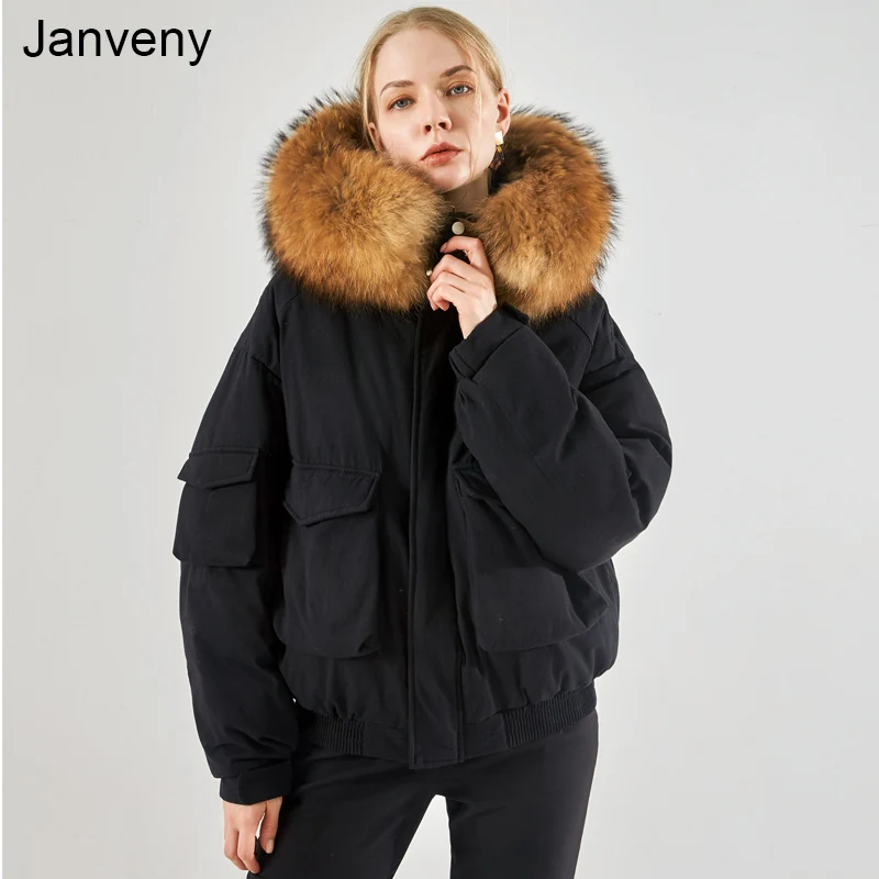Janveny 2021 Women's Feather Down Jacket Luxury Raccoon Fur Hooded 90% White Duck Down Coat Female Puffer Snow Outwear Parkas