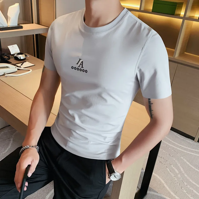 Korean Summer Solid Short Sleeve T Shirts Men Clothing 2021 Front Letter Print Slim Fit Casual Thin Tee Shirt Homme Streetwear