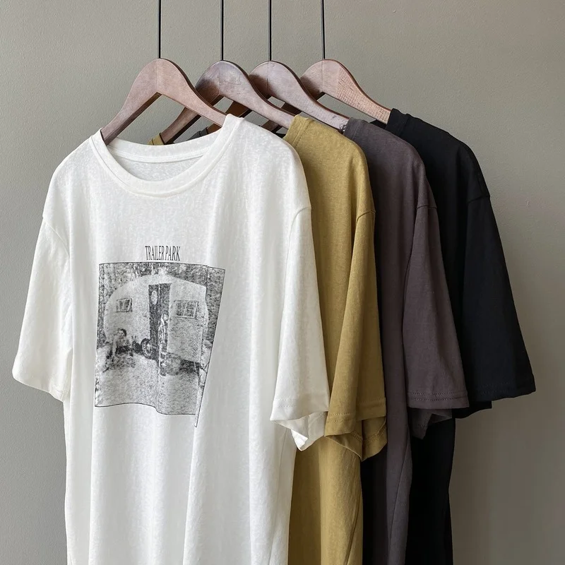 

Korean Style Simple All Match Solid Woemn Tshirts Vintage Pattern Print Loose Casual Tops 2021 Summer Chic O-neck Bottoming Tee