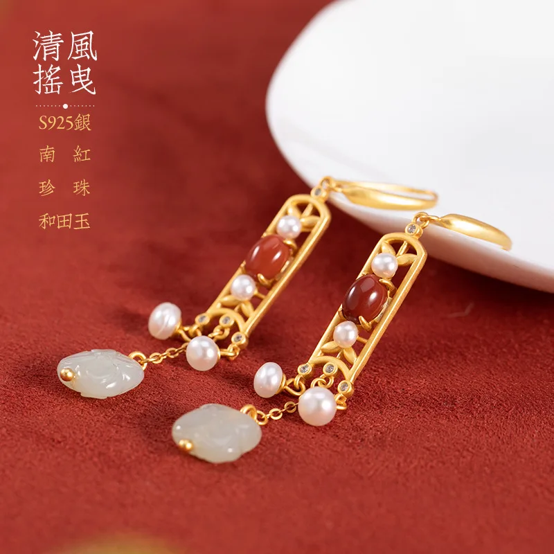 

JINWATERYU S925 sterling silver ethnic style retro long temperament ladies earrings Chinese style earrings