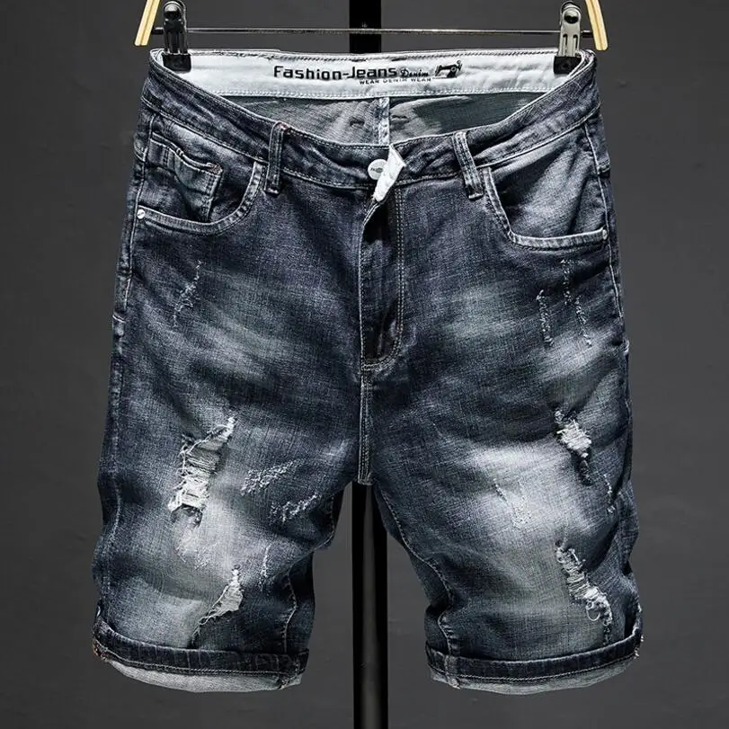 Джинсовые шорты мужские с дырками хлопковые узкие штаны из денима черные