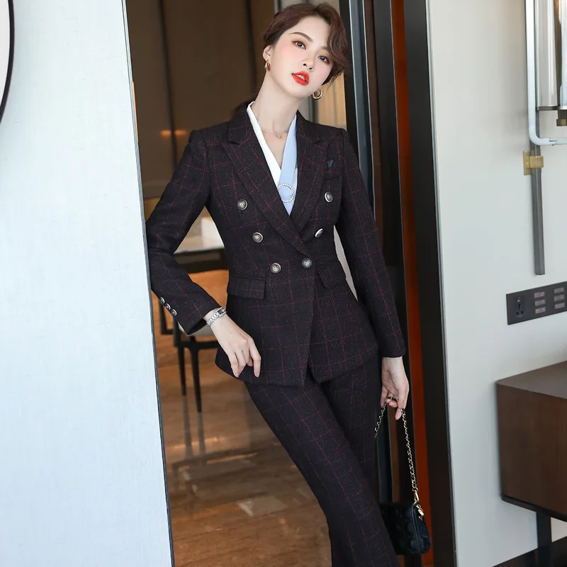 IZICFLY Spring Autumn Wine Red Plaid High Quality Career Professional Pantsuits Ladies Office Business Blazer and Trouser Set