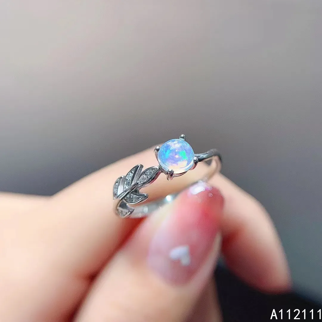 

Fine Jewelry 925 Sterling Silver Inlaid With Natural Gemstone Women's Popular Vintage Plant Round White Opal Ring Support Detect
