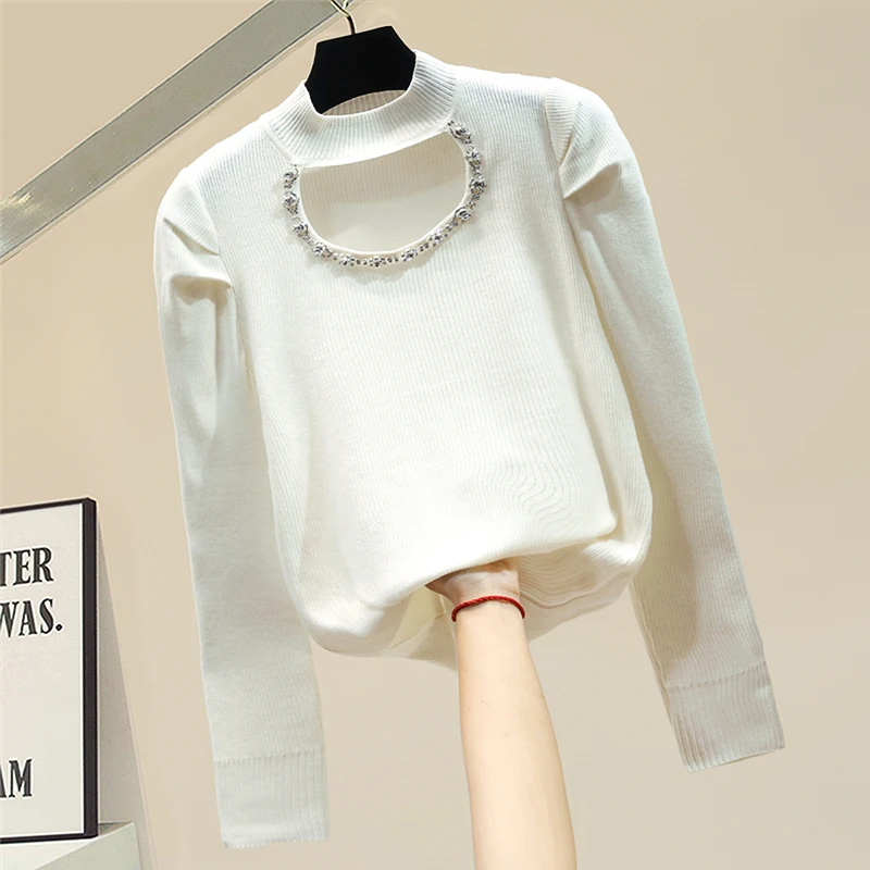 

Hollow-out Pullover Bottoming Sweater Autumn Winter New Women's Loose-Fitting Outerwear Knitted Top Female White Knit Sweaters