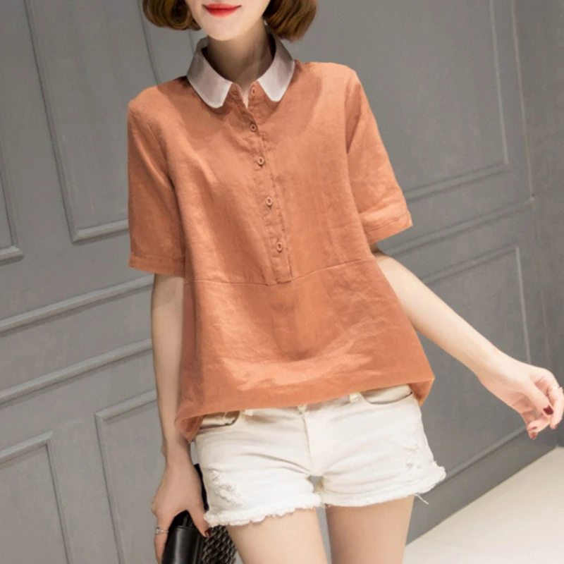 

Plus Size Shirt Women Loose Casual Tops New 2021 Vintage Peter Pan Collar Solid Color Cotton Linen Woman Blouses Shirts