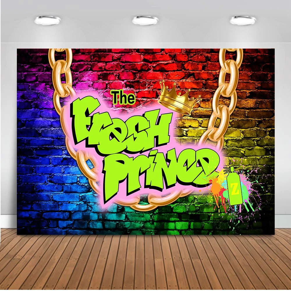 

Fresh Prince Backdrop for Photography Graffiti Background for Photo Booth Studio Crown Backdrops Big Gold Chain Hip-Hop Party