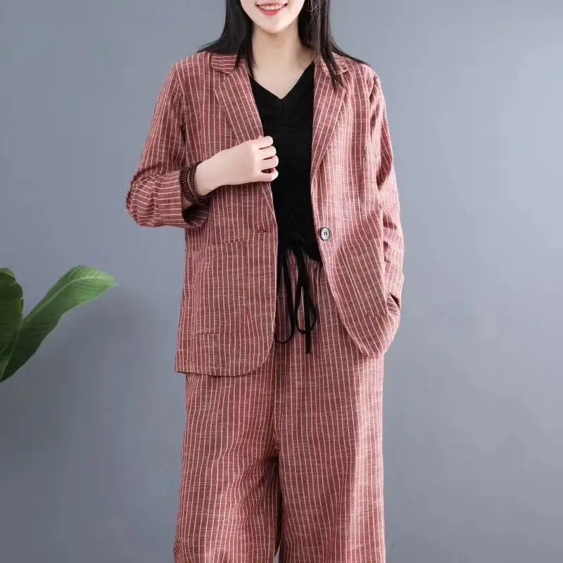Повседневный Ретро-костюм в полоску Женский хлопковый и льняной Блейзер брюки