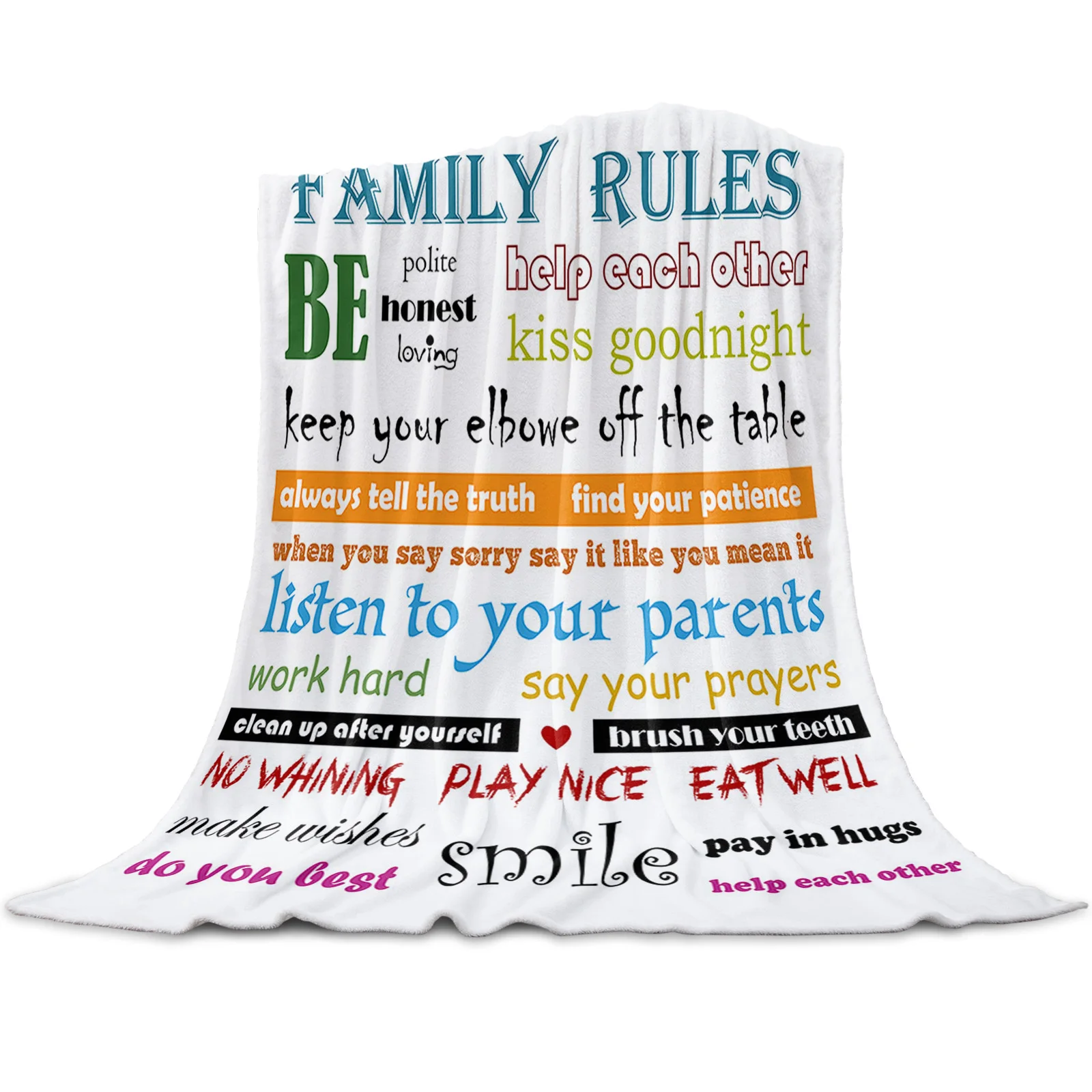 

Одеяло из кораллового флиса с цветным текстом на белом фоне и надписью «Family Rules», мягкие теплые одеяла для путешествий, зимние одеяла для взр...