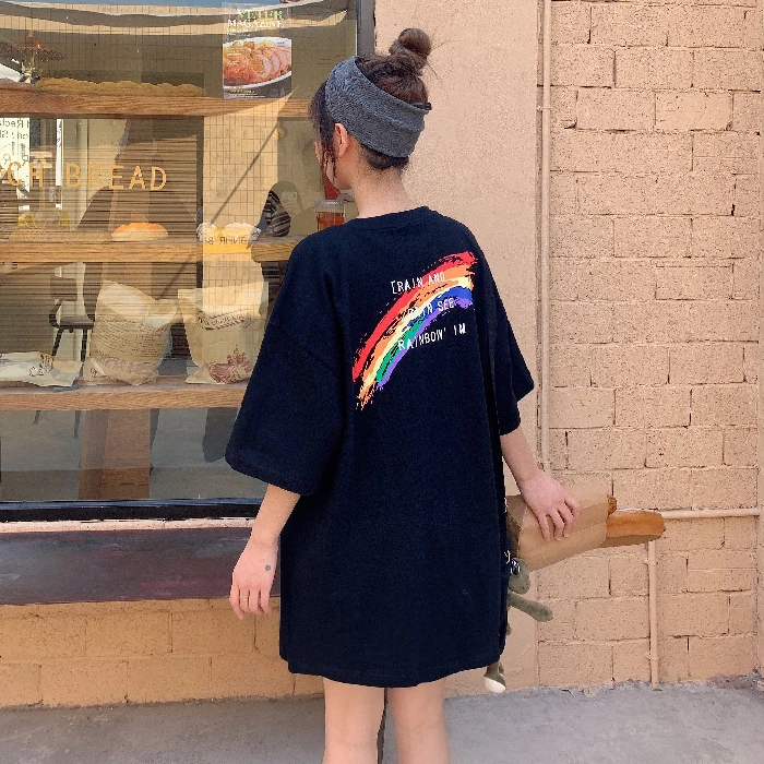 

Spring 2020 New Retro Rainbow Letters Printed Loose Round Neck Short Sleeve T-shirt Student Female