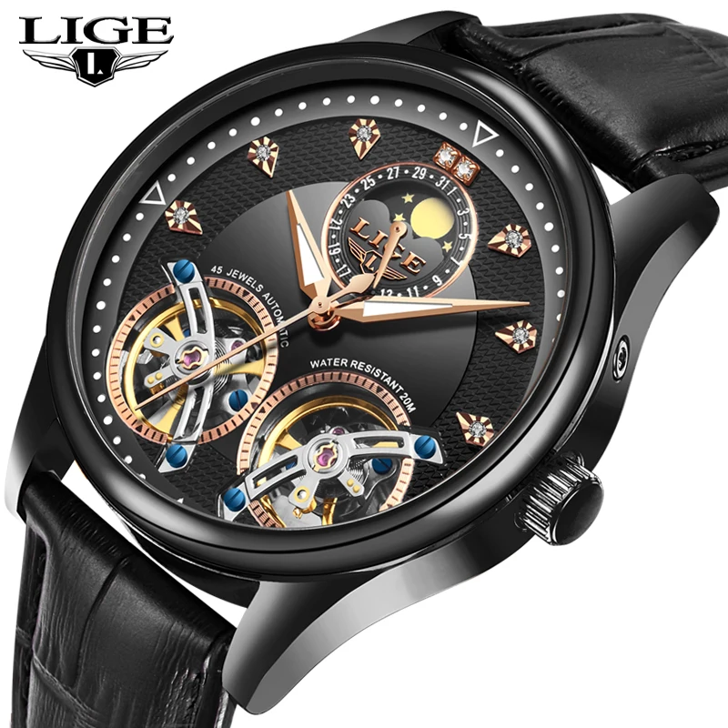 Часы наручные LIGE Мужские автоматические модные деловые спортивные с двойным