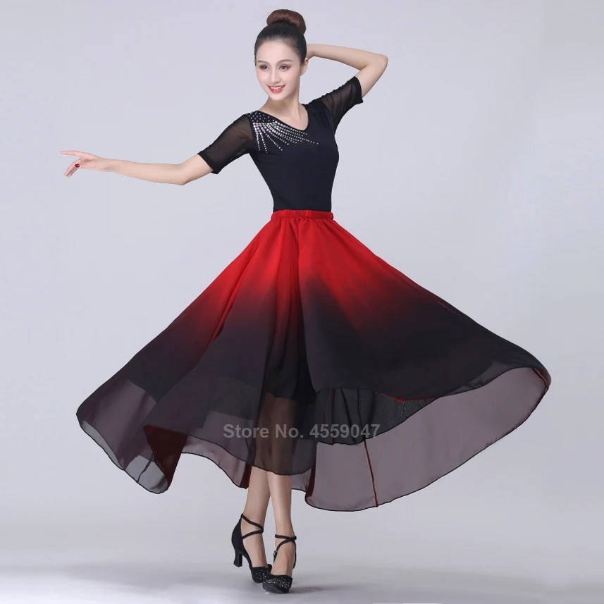 

Spain Spanish Flamenco Skirt Women Transparent Chiffon Gradient Fading Color Belly Dress Big Swing Team Stage Performance