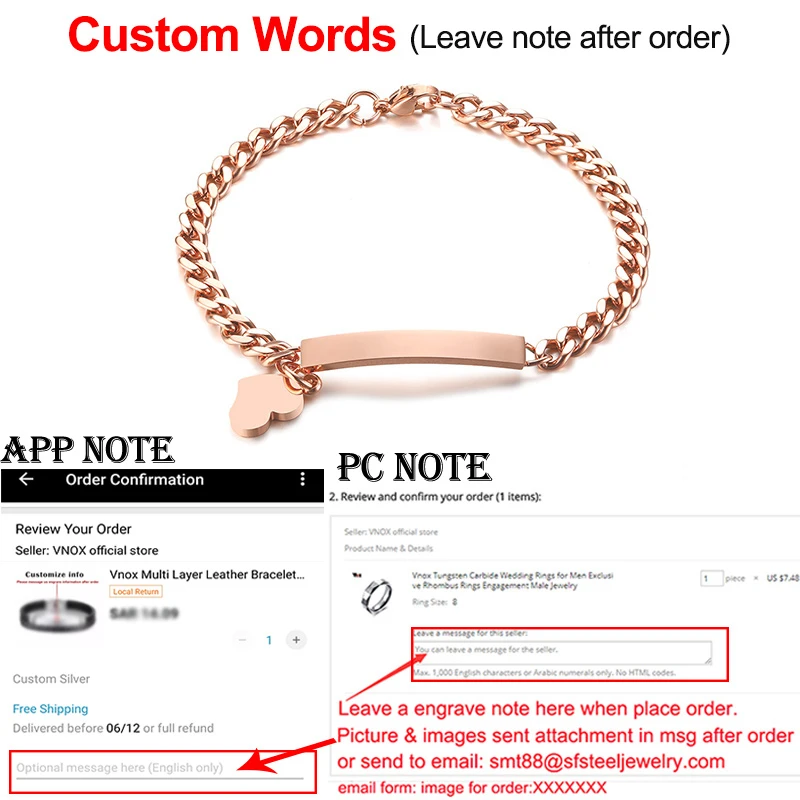 add engrave service Vnox Мода ID Сердце браслет для Для женщин Нержавеющая сталь металл обеспечить DIY выгравировать Услуги - Окраска металла: add engrave service